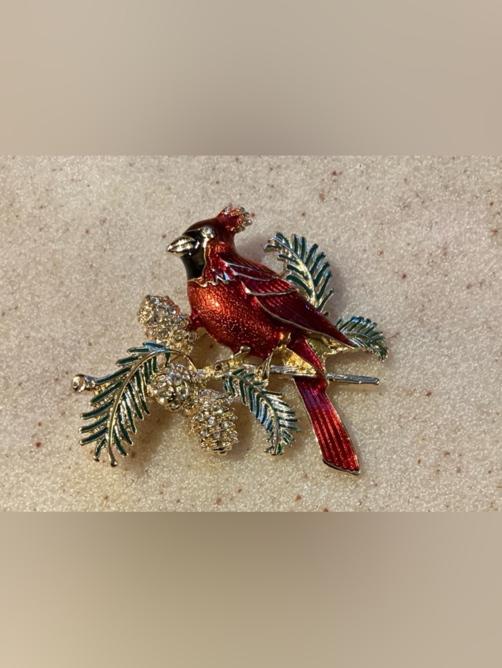 Napier Red Cardinal Brooch with Green Pine Accents